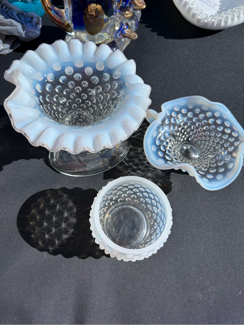 Opalescent Hobnail Glass Bowls - White/Blue Opal Finish